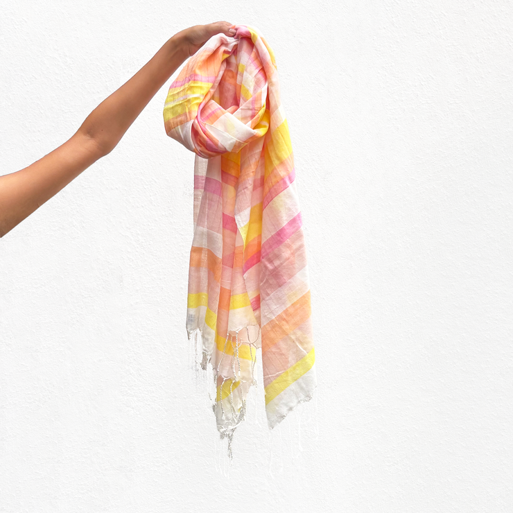 Handwoven Candy Stripe Shawl -Orange/Pink beige