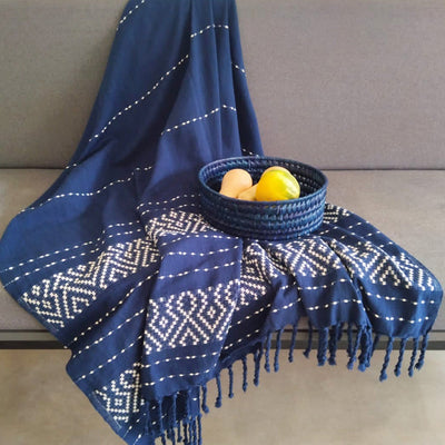 Handwoven Denim Knuckles Throw – Navy Ink with Pearl White