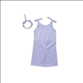 ASHI COLLECTION Cotton Blue and white checks jump suit with hair band ( BLUE SKY JUMPSUIT)